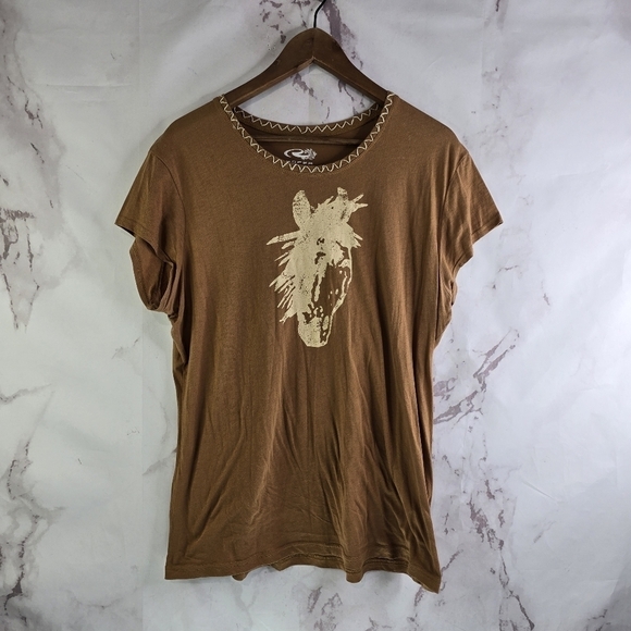 Roper T Shirt Womens XL Brown Horse T Tee Short Sleeve Western Embroidered - Picture 1 of 9